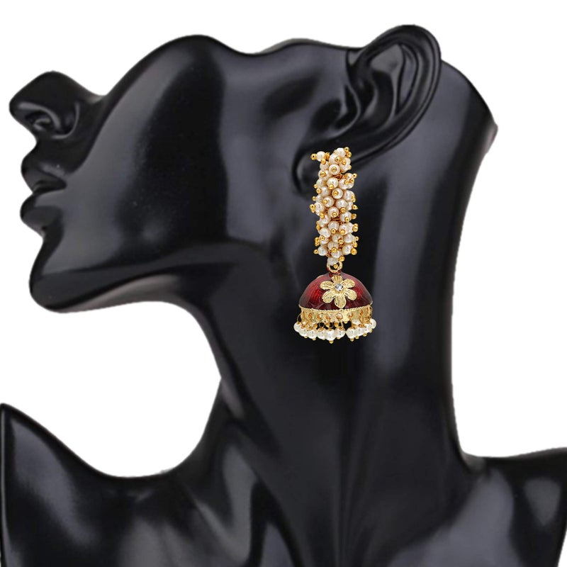 Moonstruck Golden Meenakari Jhumkas With White Pearls For Women (Green) (Maroon) - Image 3